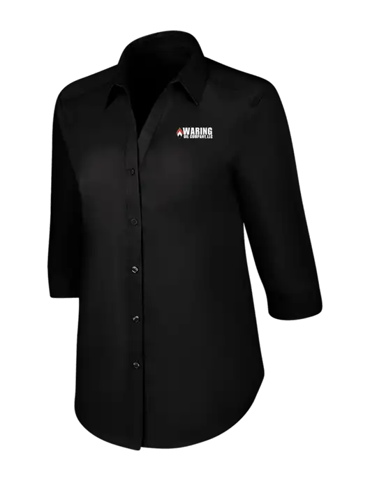 Womens Black 3/4 Sleeve Carefree Poplin Shirt w/Waring Oil Logo