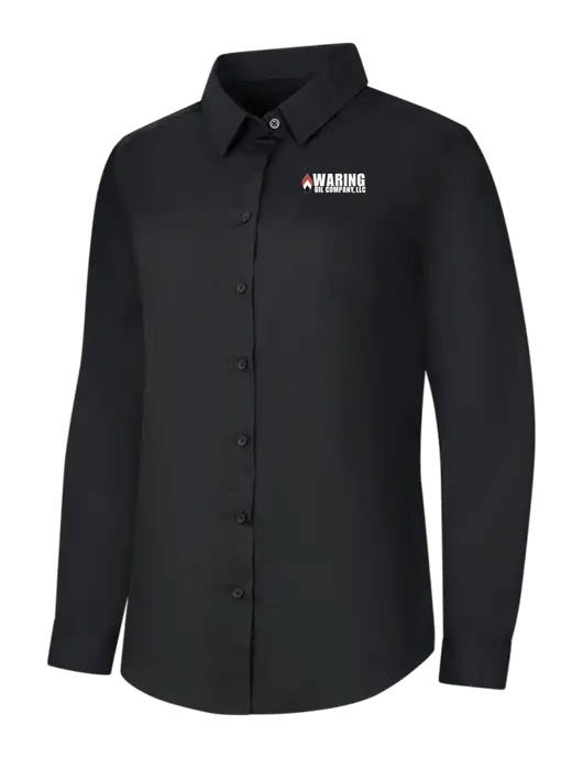 Womens Black Long Sleeve Carefree Poplin Shirt w/Waring Oil Logo