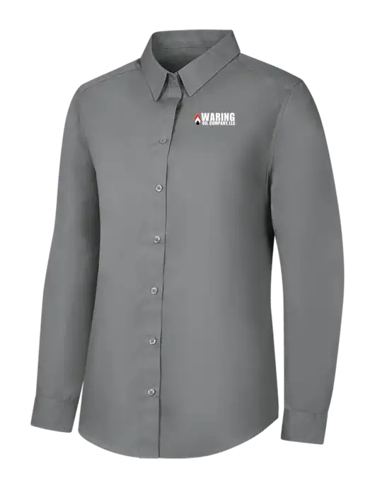 Womens Medium Grey Long Sleeve Carefree Poplin Shirt w/Waring Oil Logo