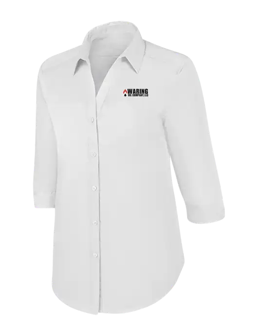 Womens White 3/4 Sleeve Carefree Poplin Shirt w/Waring Oil Logo