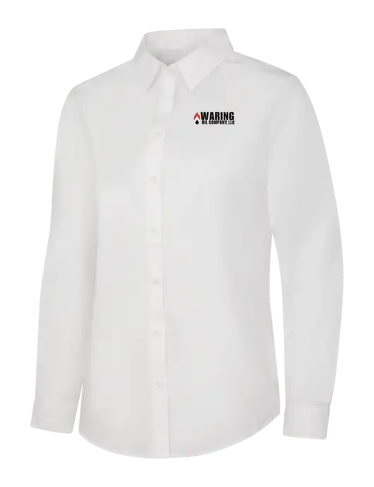 Womens White Long Sleeve Carefree Poplin Shirt w/Waring Oil Logo