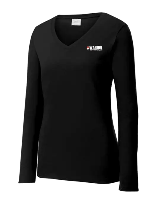 Womens V-Neck Ring Spun Jet Black 4.5 oz Long Sleeve T-Shirt w/Waring Oil Logo