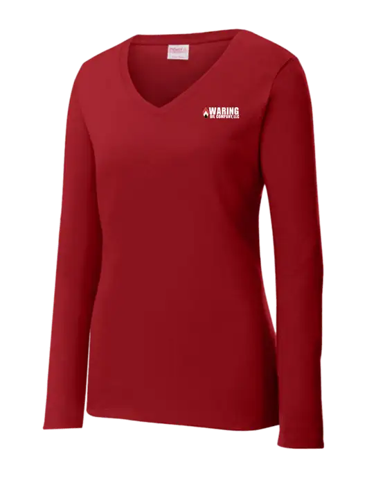 Womens V-Neck Ring Spun Cardinal 4.5 oz Long Sleeve T-Shirt w/Waring Oil Logo