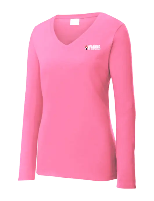 Womens  V-Neck Ring Spun Pink 4.5 oz Long Sleeve T-Shirt w/Waring Oil Logo