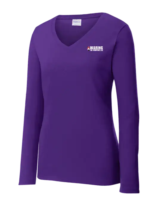 Womens  V-Neck Ring Spun Purple 4.5 oz Long Sleeve T-Shirt w/Waring Oil Logo