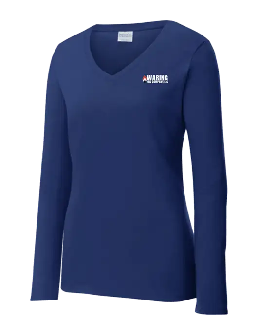 Womens  V-Neck Ring Spun Navy 4.5 oz Long Sleeve T-Shirt w/Waring Oil Logo