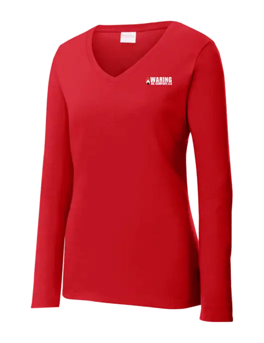 Womens  V-Neck Ring Spun Bright Red 4.5 oz Long Sleeve T-Shirt w/Waring Oil Logo