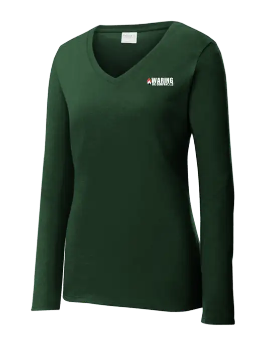 Womens  V-Neck Ring Spun Forest Green 4.5 oz Long Sleeve T-Shirt w/Waring Oil Logo
