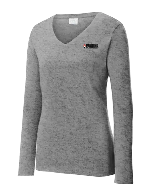 Womens  V-Neck Ring Spun Grey Heather 4.5 oz Long Sleeve T-Shirt w/Waring Oil Logo