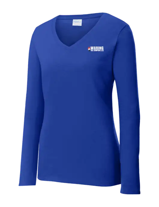 Womens  V-Neck Ring Spun Royal 4.5 oz Long Sleeve T-Shirt w/Waring Oil Logo