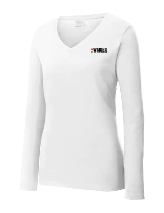 Womens  V-Neck Ring Spun White 4.5 oz Long Sleeve T-Shirt w/Waring Oil Logo