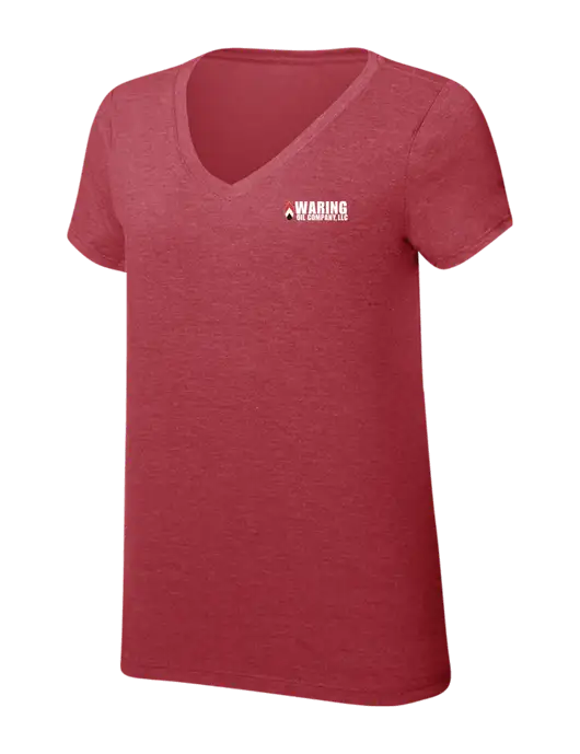 Womens Simply Soft V-Neck Red Frost 4.5oz  Poly/Combed Ring Spun Cotton T-Shirt w/Waring Oil Logo