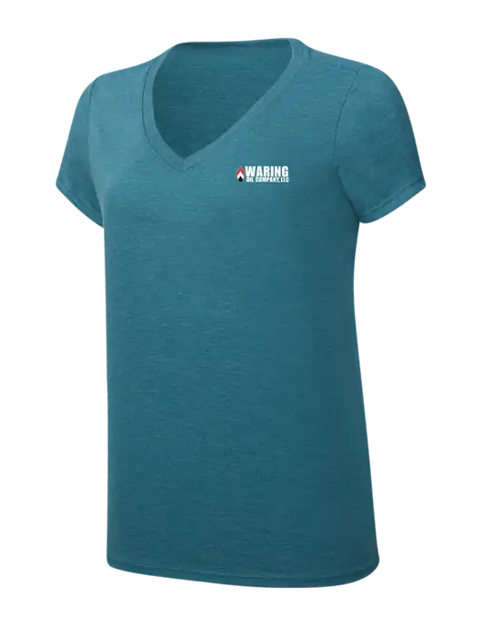 Womens Simply Soft V-Neck Heather Teal 4.5oz  Poly/Combed Ring Spun Cotton T-Shirt w/Waring Oil Logo