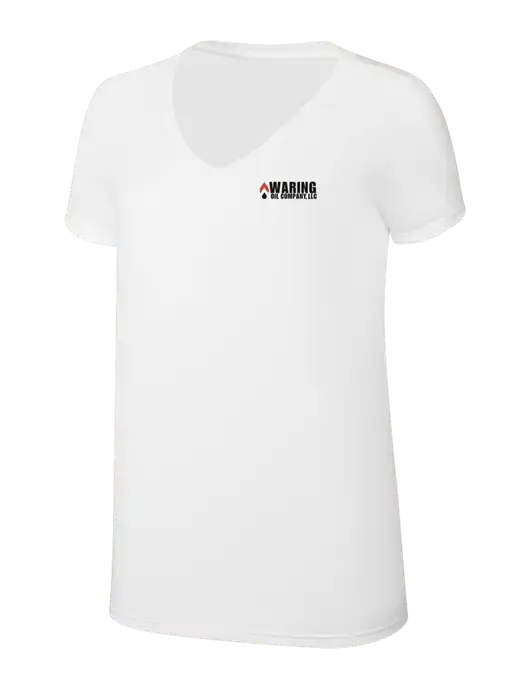 Womens Simply Soft V-Neck White 4.5oz  Poly/Combed Ring Spun Cotton T-Shirt w/Waring Oil Logo