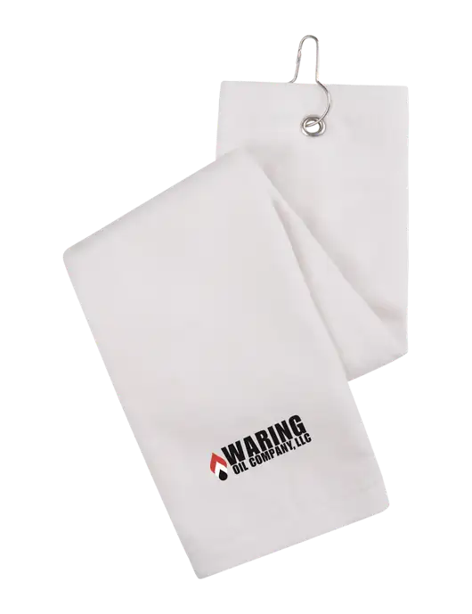 White Tri-Fold Golf Towel with Grommet w/Waring Oil Logo