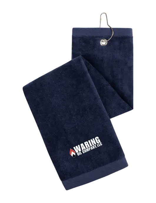 Navy Tri-Fold Golf Towel with Grommet w/Waring Oil Logo