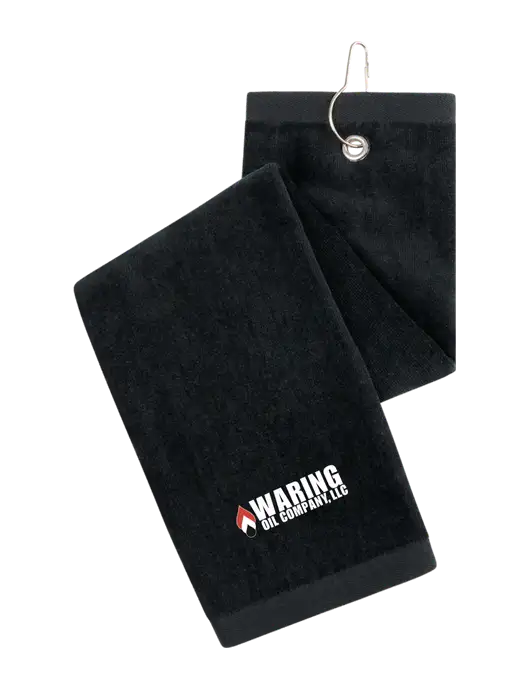 Black Tri-Fold Golf Towel with Grommet w/Waring Oil Logo