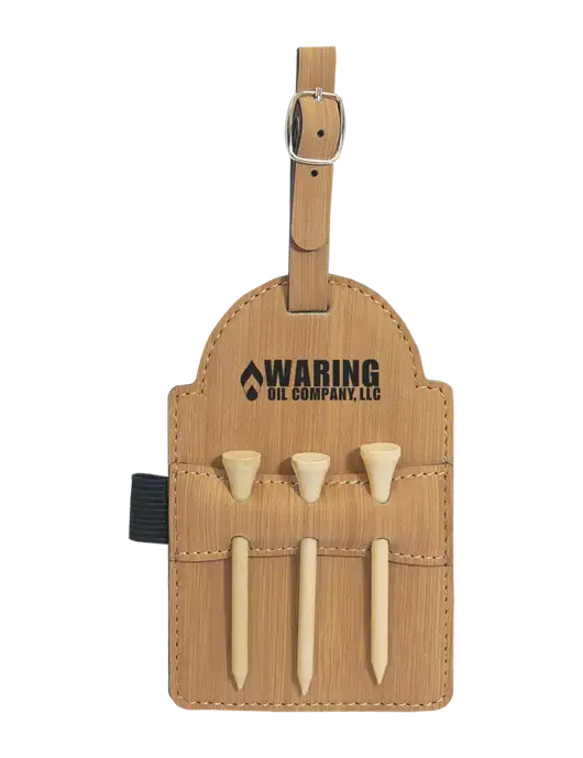 Bamboo Leatherette Golf Bag Tag with 3 Wooden Tees w/Waring Oil Logo