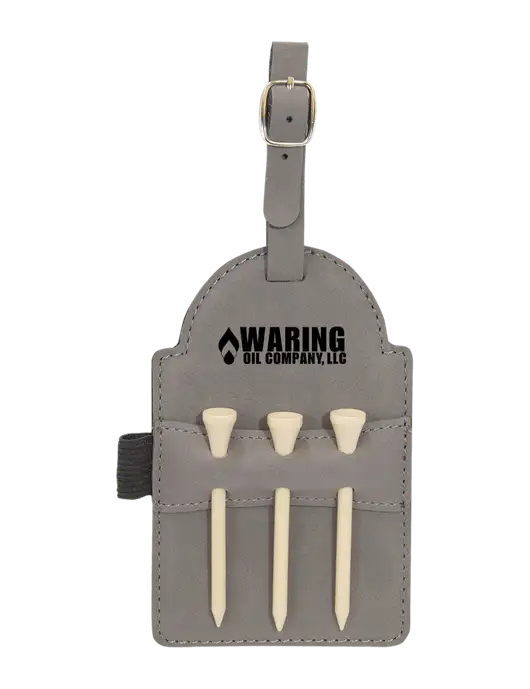 Grey Leatherette Golf Bag Tag with 3 Wooden Tees w/Waring Oil Logo