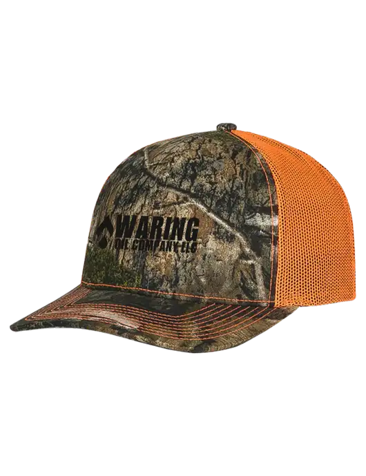 Mossy Oak Country DNA Camo/Orange Mesh Trucker Cap Snap Back w/Waring Oil Logo
