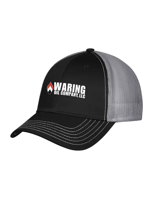 Black/Medium Dark Grey Mesh Trucker Cap Snap Back w/Waring Oil Logo