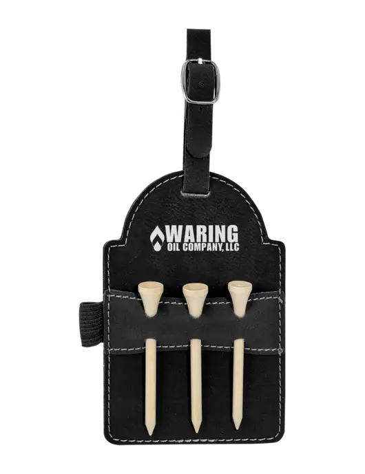 Black Leatherette Golf Bag Tag with 3 Wooden Tees w/Waring Oil Logo
