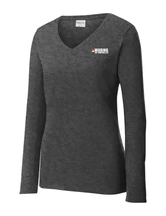 Womens  V-Neck Ring Spun Dark Heather Grey 4.5 oz Long Sleeve T-Shirt w/Waring Oil Logo