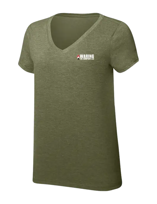 Womens Simply Soft V-Neck Military Green Frost 4.5oz  Poly/Combed Ring Spun Cotton T-Shirt w/Waring Oil Logo