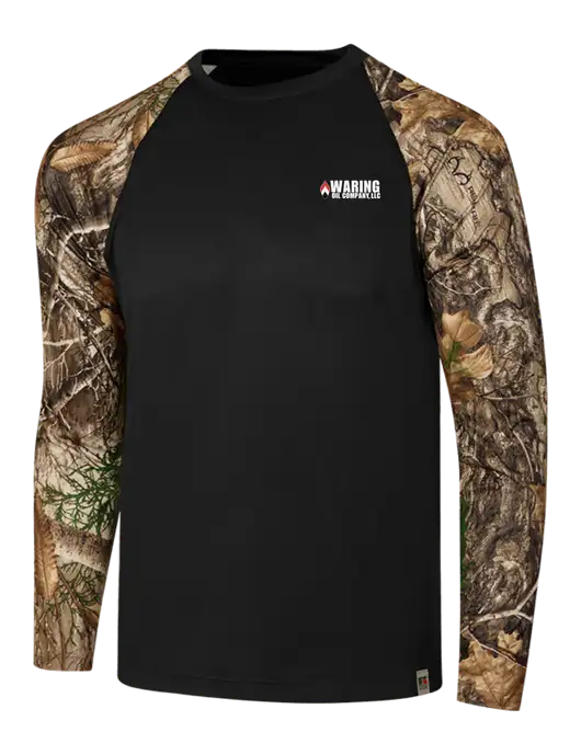 Russell Outdoors Black/Realtree Edge Camo Colorblock Performance Long Sleeve T-Shirt w/Waring Oil Logo
