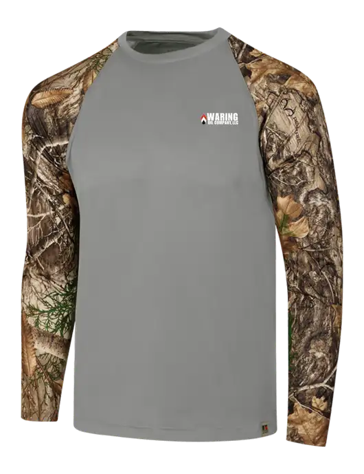 Russell Outdoors Medium Grey/Realtree Edge Camo Colorblock Performance Long Sleeve T-Shirt w/Waring Oil Logo