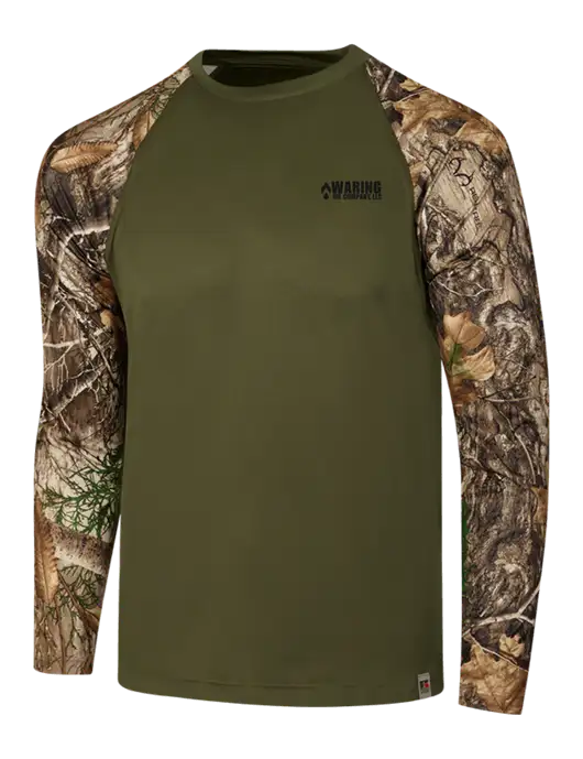 Russell Outdoors Olive/Realtree Edge Camo Colorblock Performance Long Sleeve T-Shirt w/Waring Oil Logo