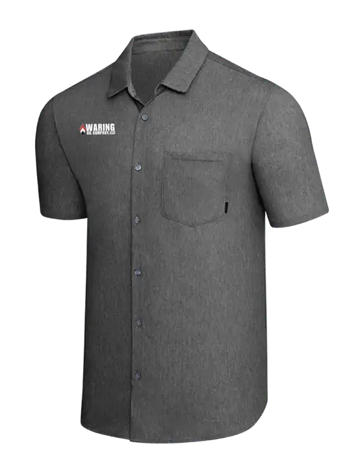 OGIO Dark Grey Heather Extend Short Sleeve Button Up Shirt w/Waring Oil Logo
