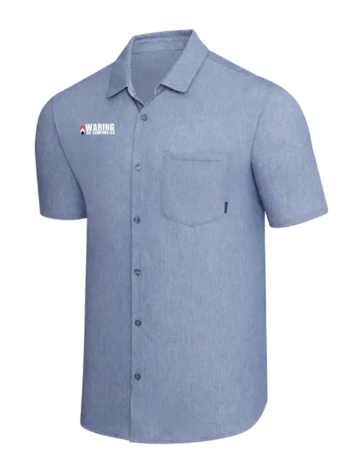 OGIO Slate Blue Heather Extend Short Sleeve Button Up Shirt w/Waring Oil Logo