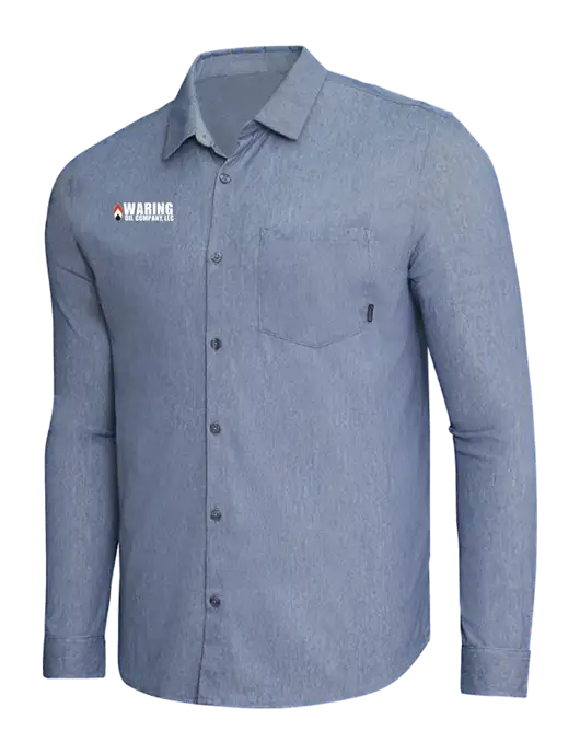 OGIO Slate Blue Heather Extend Long Sleeve Button Up Shirt w/Waring Oil Logo