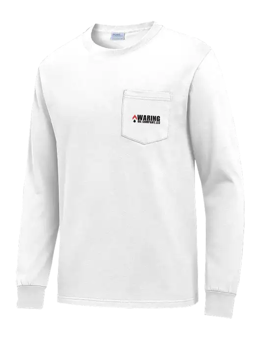 White Long Sleeve Heavyweight 6.1 oz Pocket T-Shirt w/Waring Oil Logo