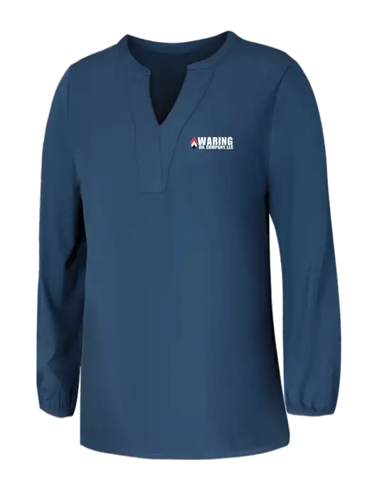 Mercer+Mettle Womens Light Navy Blue Grey Stretch Crepe 3/4 Sleeve Blouse w/Waring Oil Logo