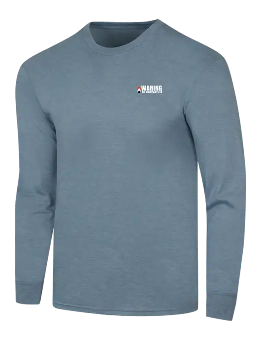 Simply Soft Long Sleeve Slate Blue Heather 4.5 oz, Poly/Combed Ring Spun Cotton T-Shirt w/Waring Oil Logo
