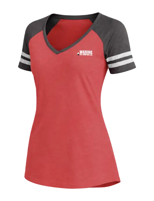 Womens Red Heather/Charcoal Heather V-Neck Game Tee w/Waring Oil Logo