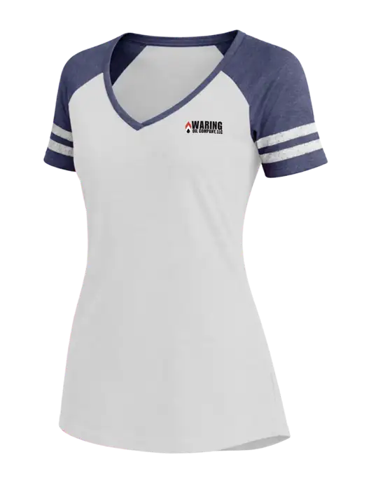 Womens White/Navy Heather V-Neck Game Tee w/Waring Oil Logo