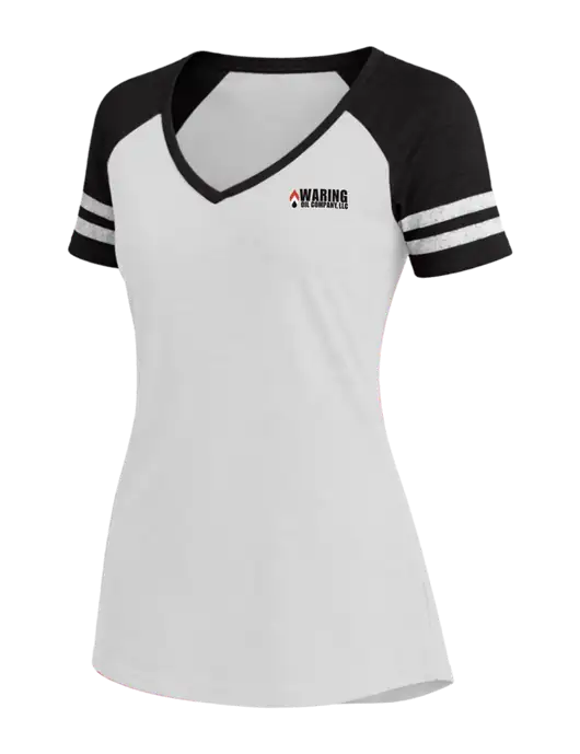 Womens White/Black V-Neck Game Tee w/Waring Oil Logo