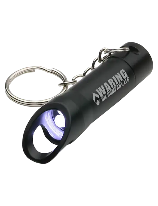 Black Pocket LED Flashlight with Bottle Opener & Keychain w/Waring Oil Logo