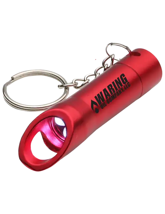 Red Pocket LED Flashlight with Bottle Opener & Keychain w/Waring Oil Logo