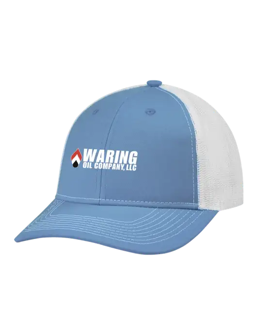Snapback Ponytail Trucker Cap Carolina Blue w/White Mesh w/Waring Oil Logo