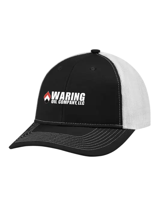 Snapback Ponytail Trucker Cap Black w/White Mesh w/Waring Oil Logo