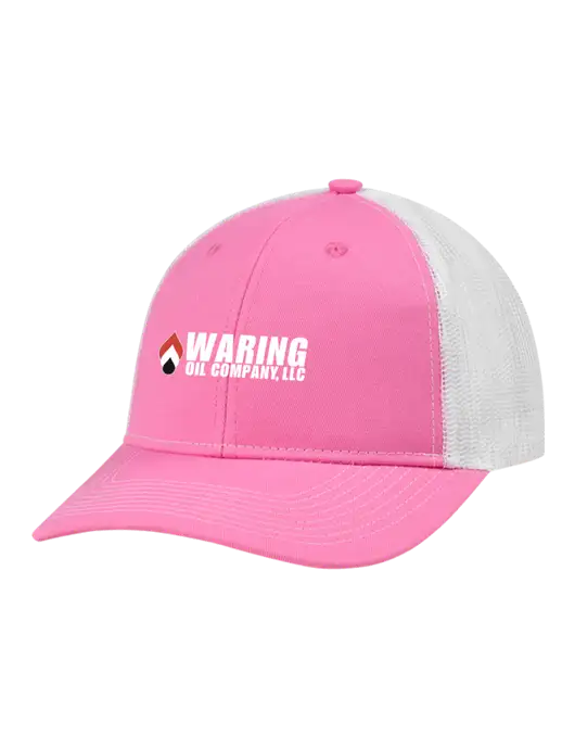 Snapback Ponytail Trucker Cap Pink/White Mesh w/Waring Oil Logo
