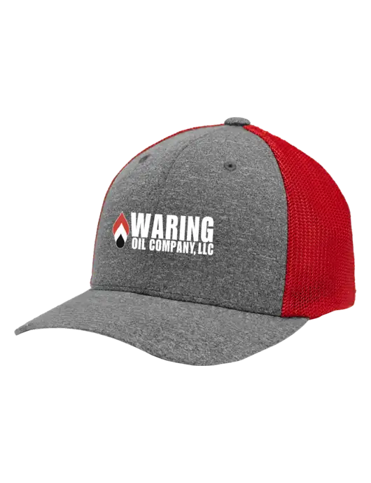Flexfit Red/Medium Grey Heather Melange Mesh Back Trucker Cap w/Waring Oil Logo