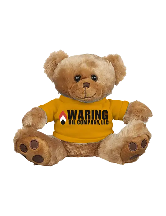 8 1/2 Cuddly Brown Bear With Gold T-Shirt w/Waring Oil Logo