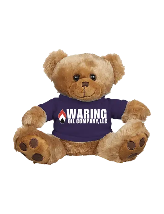 8 1/2 Cuddly Brown Bear With Purple T-Shirt w/Waring Oil Logo