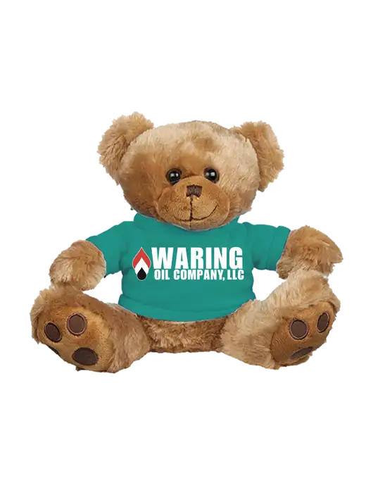 8 1/2 Cuddly Brown Bear With Teal T-Shirt w/Waring Oil Logo