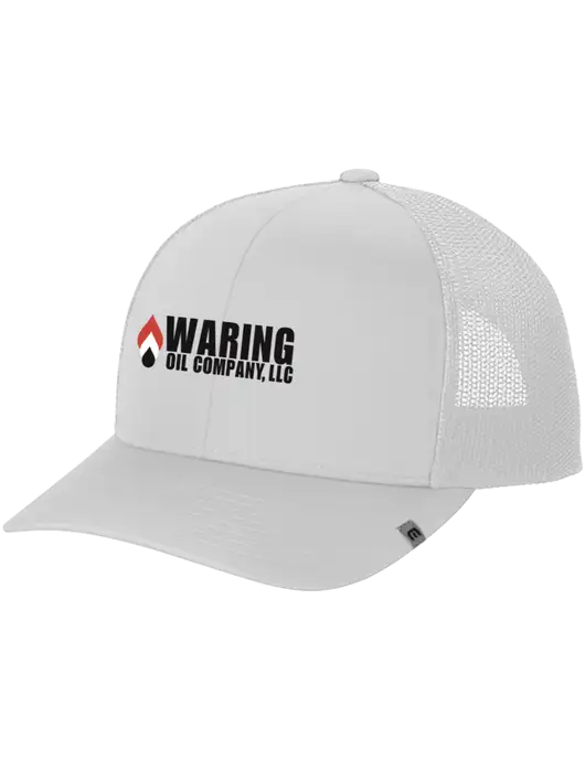 TravisMathew White Cruz Trucker Cap w/Waring Oil Logo